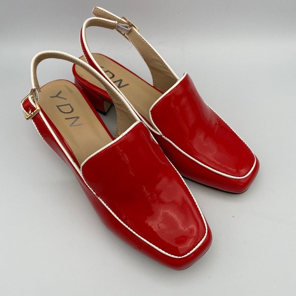 YDN Shoes - YDN Red Closed Square Toe Block Low Heel Slingback